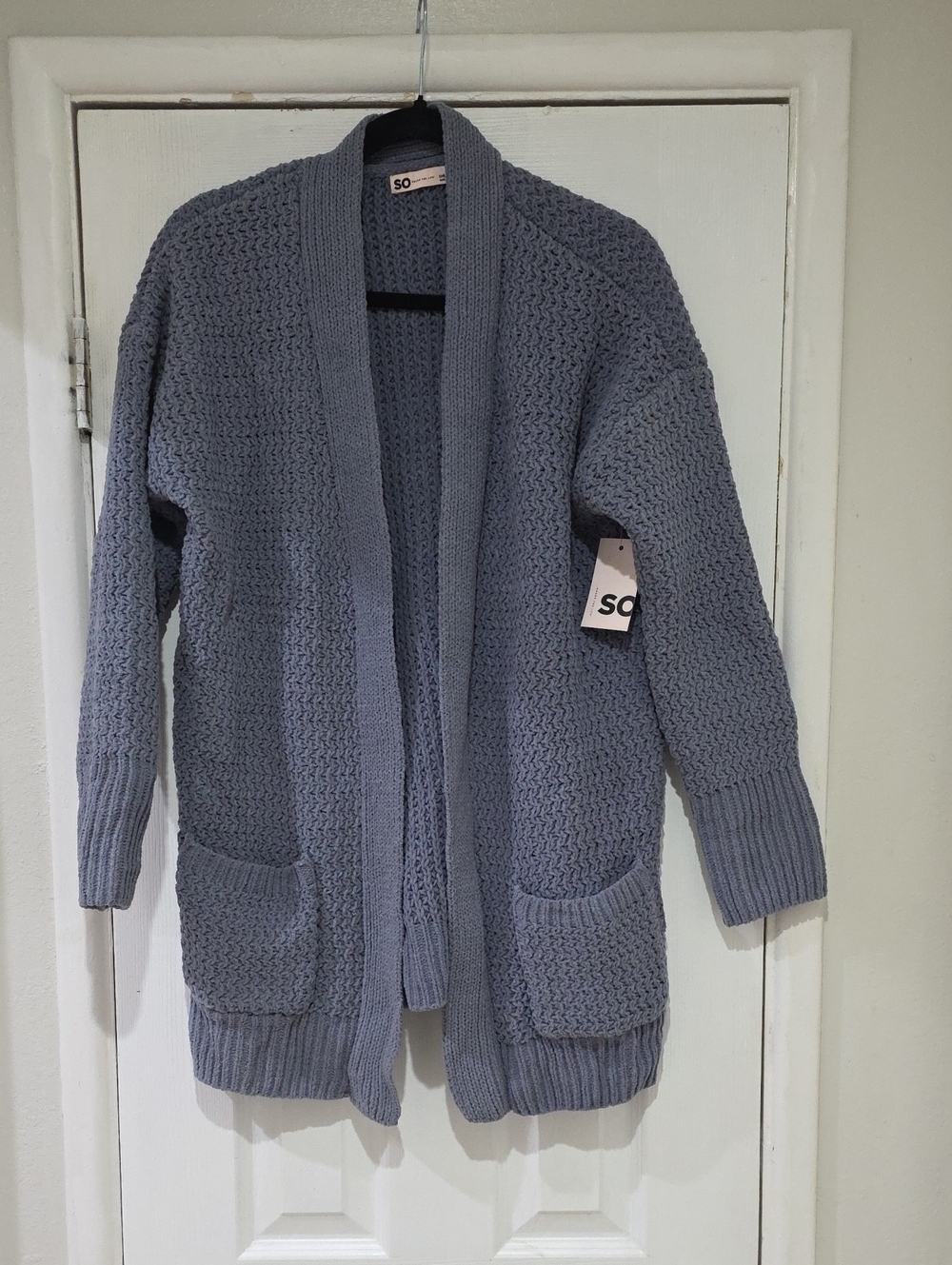SO Dusty Blue Open-Front Knit Cardigan with Pockets
